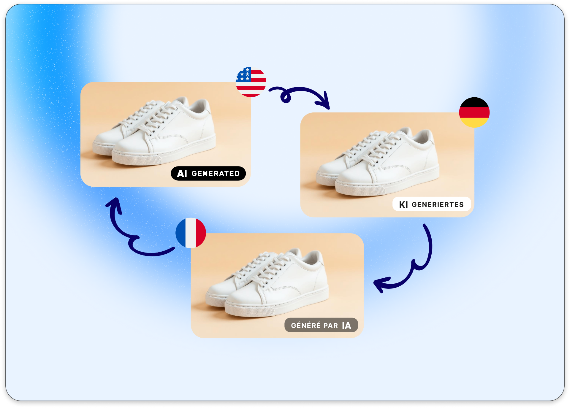 The same sneaker photo labeled in English, German (KI generiertes) and French (Généré par IA)